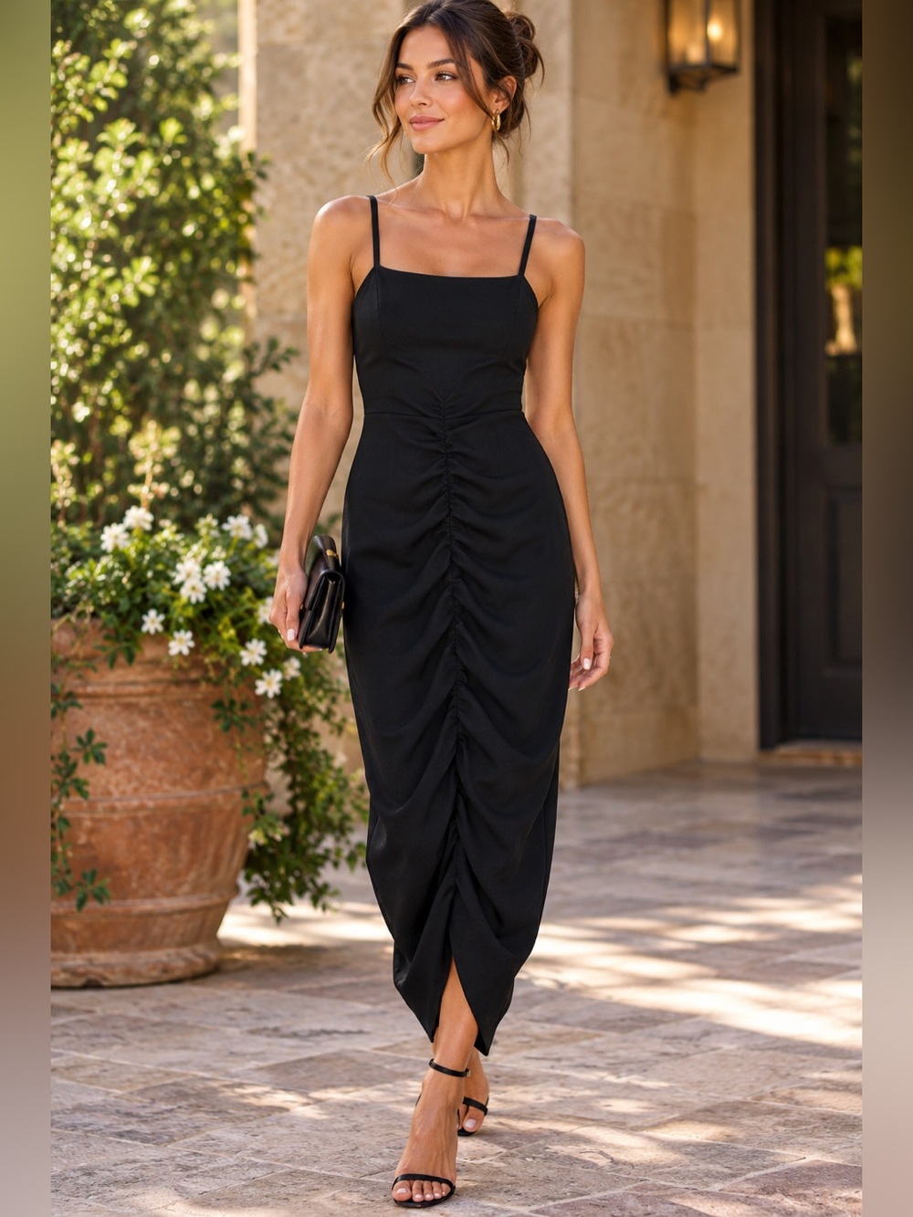 PrettyLittleThing Black Ruched Midi Dress Spaghetti Strap Size 4 / UK 8